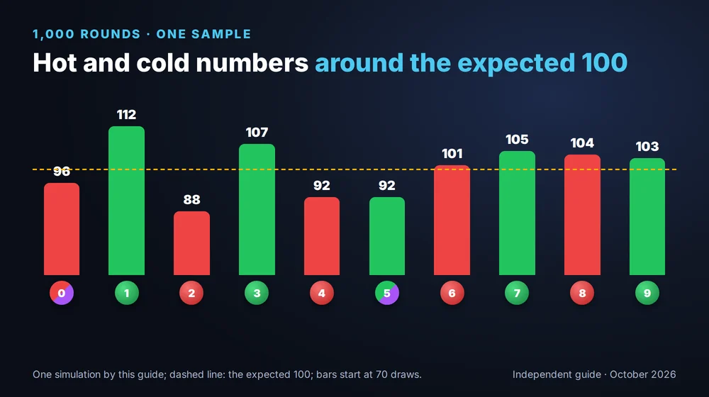 Hot and cold numbers in one sample of 1,000 colour prediction rounds, from 88 to 112 draws around the expected 100
