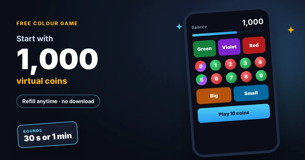 Free colour prediction game: 1,000 virtual coins, rounds of 30 seconds or 1 minute, no download